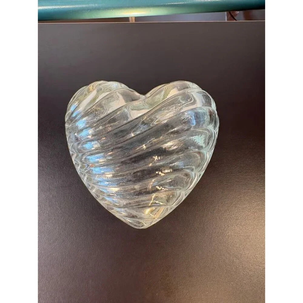 Pressed Glass Heart Bowls Pair Swirled Ribbed Clear Candy Dishes 5 in